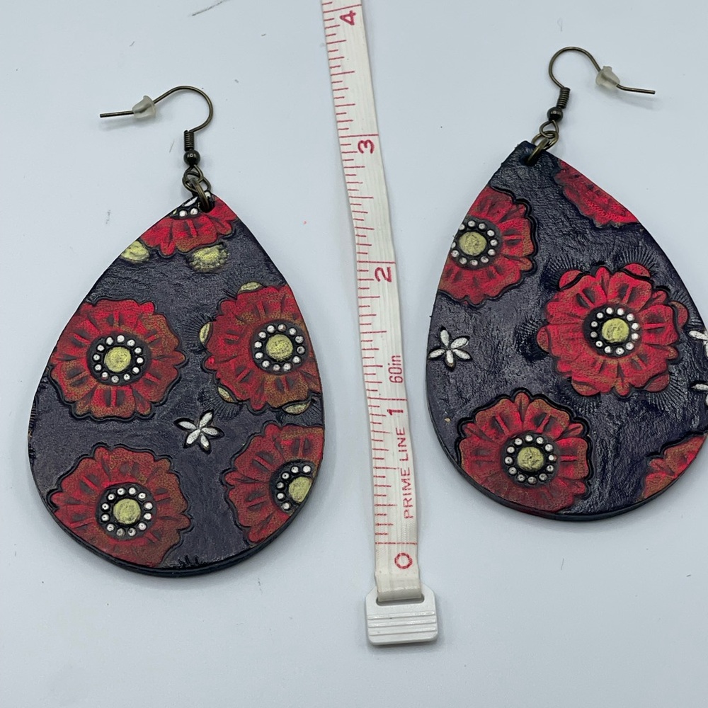 Floral Teardrop Earrings - Red and Black